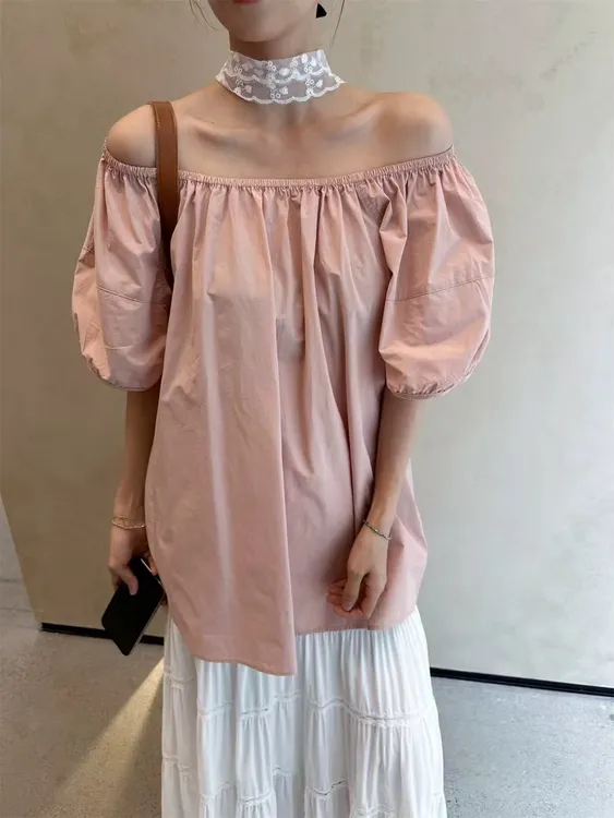 优优家【月光冰皮】夏季泡泡袖韵味小众上衣