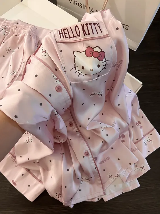 可爱粉色Kitty猫卡通印花睡衣女早秋新款长袖长裤家居服套装外穿