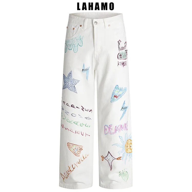 Lahamo/癞蛤蟆高街涂鸦潮牌印花泊克多闪电宽松直筒牛仔裤男3530