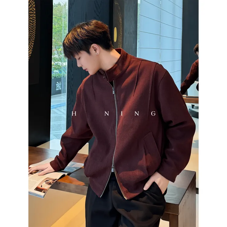 复古轻熟「羊毛细纱混纺」秋冬安哥拉红立领毛呢质感休闲夹克外套男