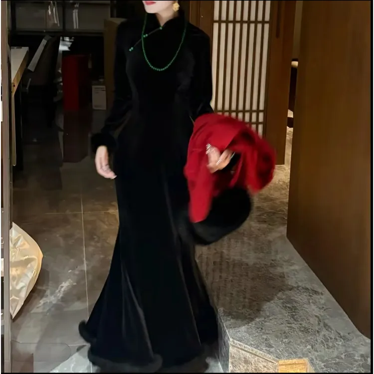 【步步生莲加绒加厚版】潇夫人自制新中式连衣裙鱼尾旗袍服饰家具