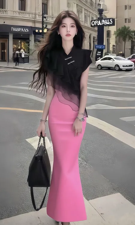 温柔知性风粉黑撞色网纱设计V领修身收腰包臀连衣裙女氛围感长裙