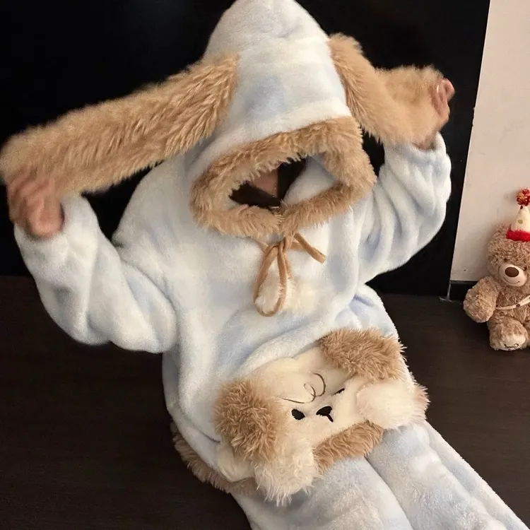 全棉时代【断码】2025爆款宿舍女冬季可爱长毛绒家居服套装趣味耳朵