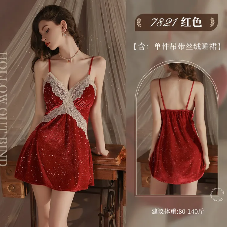 金丝绒吊带睡裙女春秋季衣服带胸垫蕾丝红色睡衣家居服约会晨袍