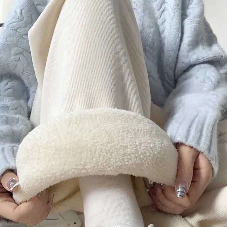 米白羊羔绒阔腿裤女秋冬高腰垂感显瘦休闲加绒加厚小个子灯芯绒裤