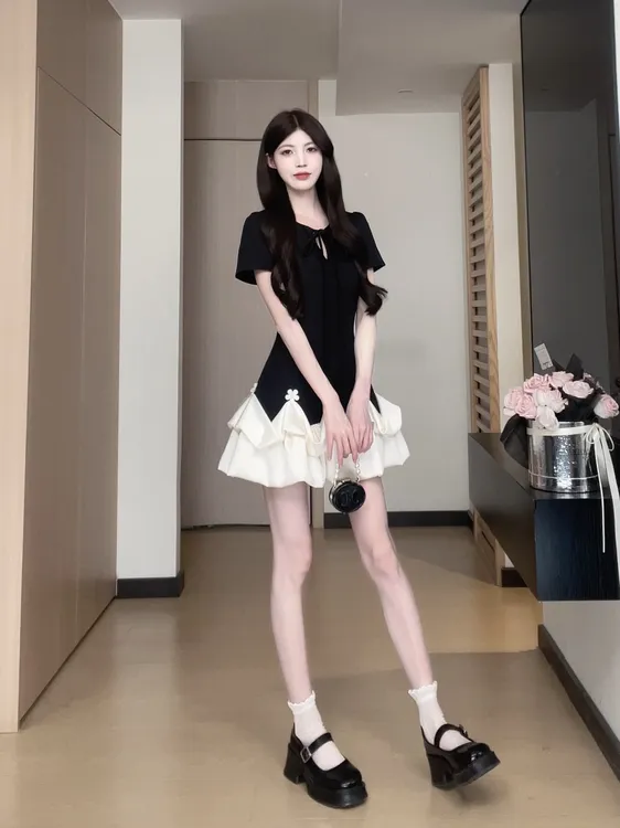 松本丧丧纯欲小黑裙撞色花苞裙收腰A字裙短袖连衣裙B251Q0941