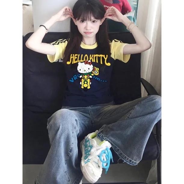 美式复古藏青色短款修身正肩t恤撞色三条杠设计显瘦夏季上衣