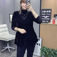 岩岩家丝绒拼接植绒烧花显瘦女上衣2219