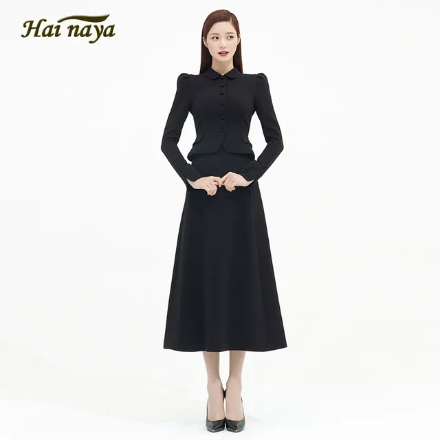 复古套装女25春秋法式名媛高雅色小翻领修身荷叶摆外套潮流长裙