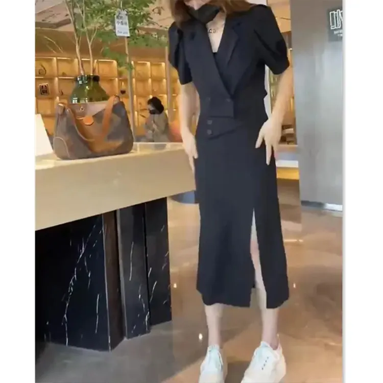 【两件套】时尚夏季新款御姐风开叉半身裙套装女神范两件套D1090