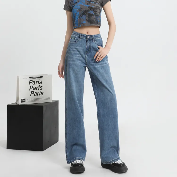 复古新款高腰直筒开衩阔腿牛仔裤女韩版显瘦休闲设计感裤子百搭