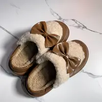 蝴蝶结皮面拖鞋秋冬女士外穿厚底防水居家用室内加绒保暖轻便2528