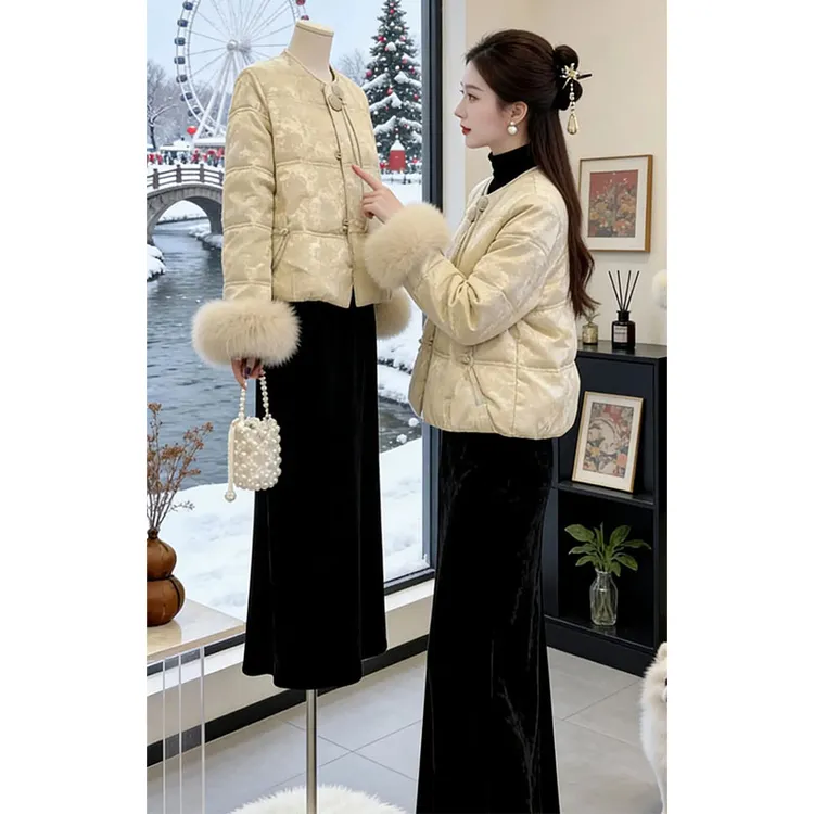 香朵儿【冬光织锦】2026冬季新款盘扣毛茸茸袖口拼接棉服女加厚棉衣