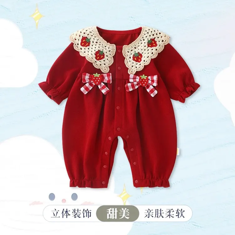 新生婴儿衣服秋装连体衣新款韩系洋气小月龄女宝宝百天红色外出服