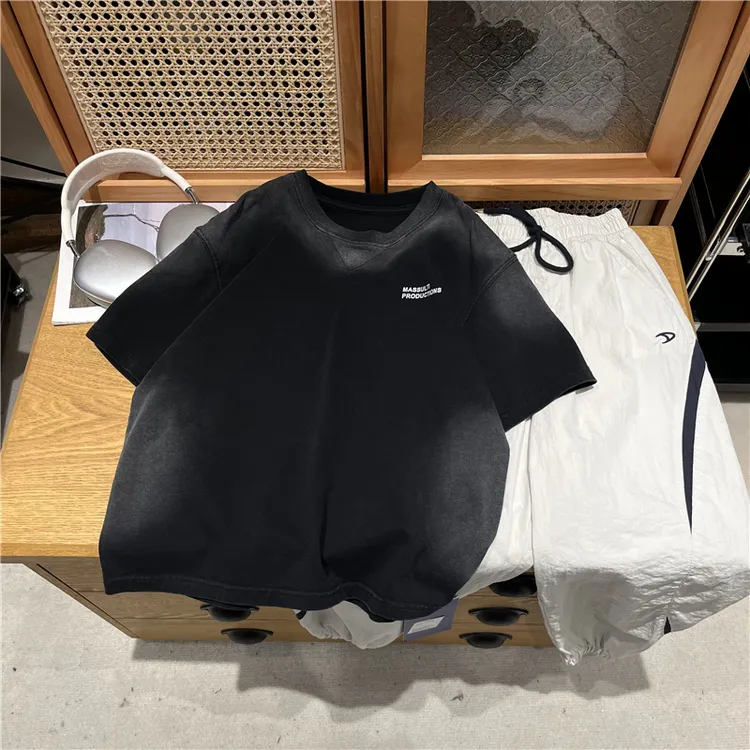 吴小越w1231男童夏款圆领工艺喷白花棉t恤短袖中大童打底衫