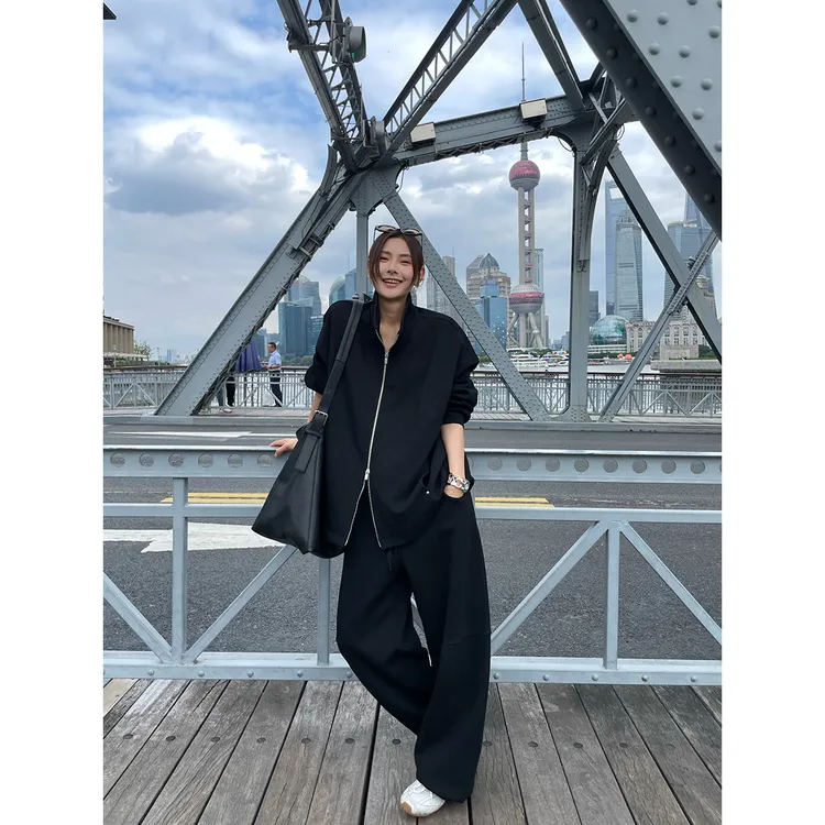 JCCC影子【深夜松弛】黑色极简休闲立领卫衣直筒休闲裤套装JE5PSZ10