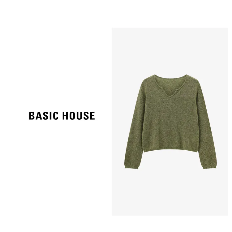 Basic House/百家好时尚百搭V领短款宽松套头针织衫-B0625B5JFZ2