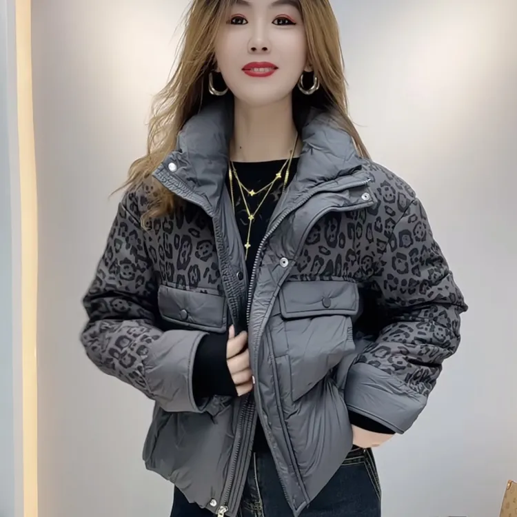 女装时尚百搭棉衣薄款宽松型翻领保暖宽松棉衣棉服秋冬豹纹外套