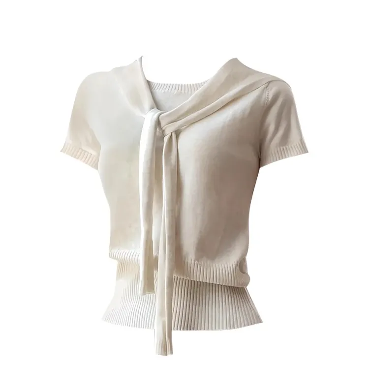 韩系温柔风披肩短袖针织衫T恤女夏季显瘦百搭圆领正肩短款ins上衣