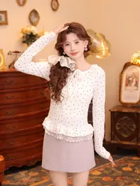 温舒敏【云栖】复古港风秋冬百搭打底蕾丝衫上衣MQ5269301