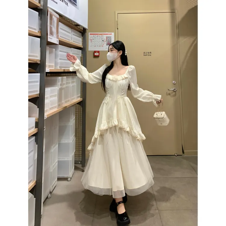 大码杏色气质温婉仙女风系带提花网纱拼接不规则大摆2025年春季梭