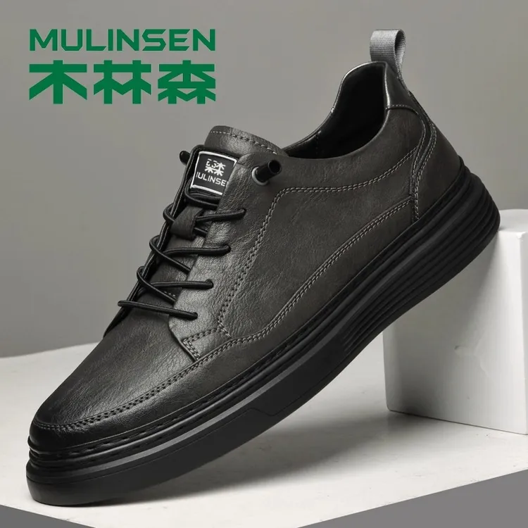 木林森舒适薄款一脚蹬黑色男鞋秋季透气2024新款板鞋男士休闲皮鞋