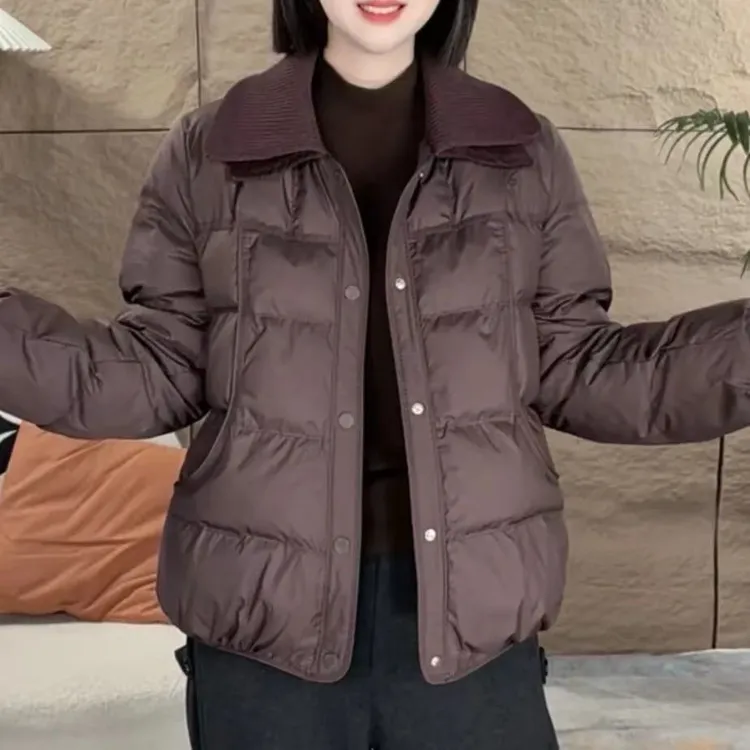 新款保暖毛线领冬季加厚加棉棉衣外套棉服时尚女显瘦棉衣气质外套