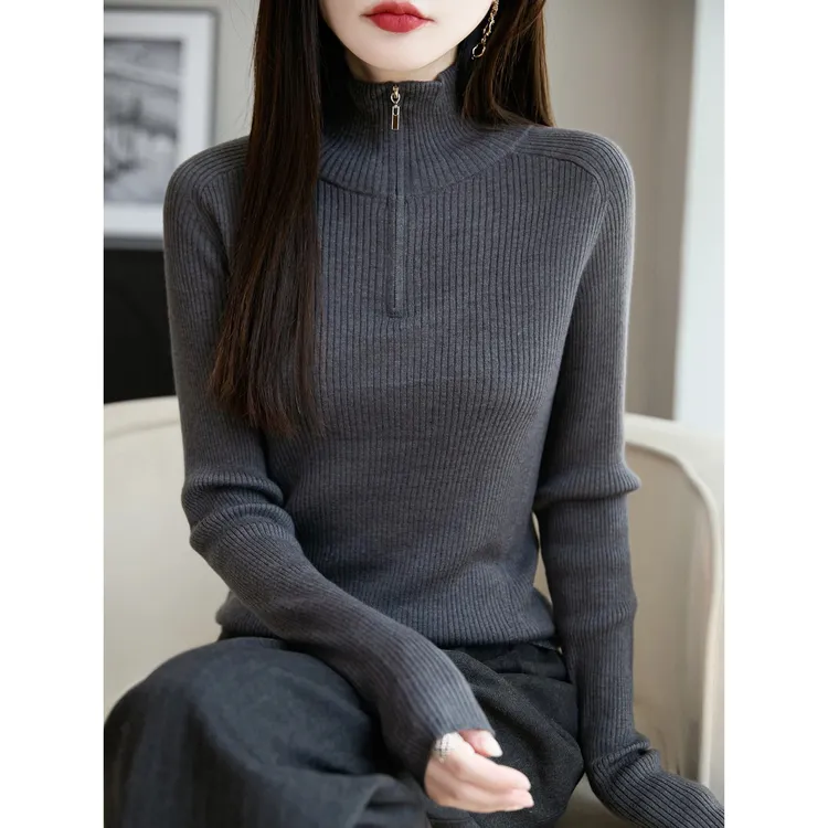 法式高端100%羊绒拉链半开领针织衫女2025新款翻领长袖打底衫毛衣