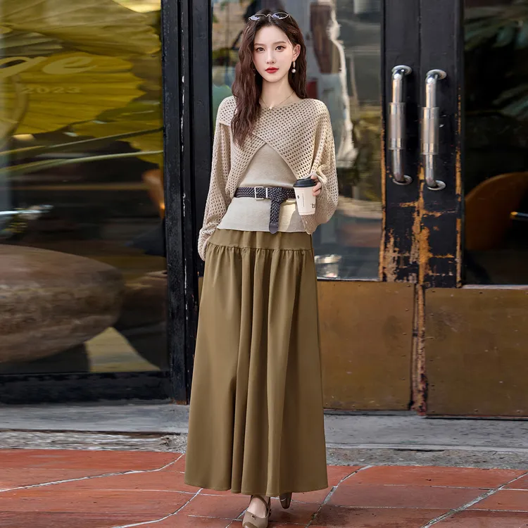 时尚休闲套装2025秋季镂空长袖针织罩衫吊带衫半裙三件套裙XM919