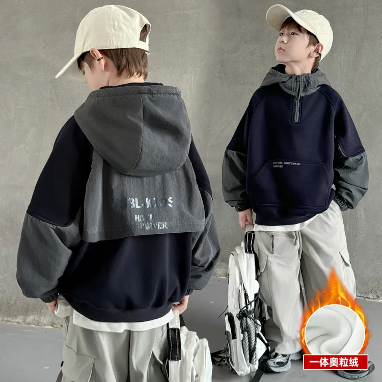 男童加绒连帽卫衣中大童男孩长袖套头衫洋气秋冬款儿童一体绒上衣