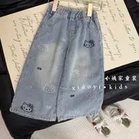 女童秋季新款满绣KT猫牛仔裤儿童韩版宽松洋气牛仔长裤时尚牛仔裤