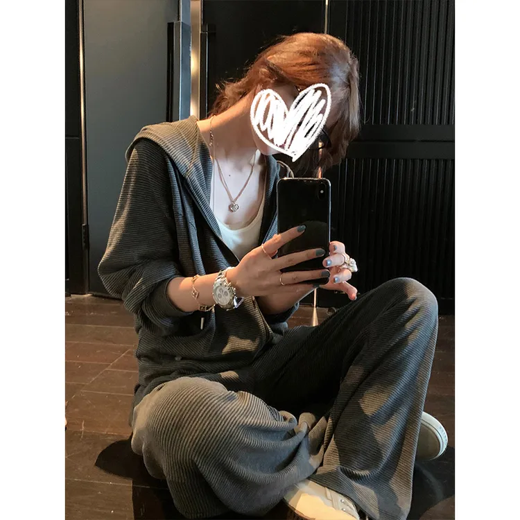 松弛感定制双色针织条纹松弛感懒人套装 条纹开衫卫衣阔腿休闲裤