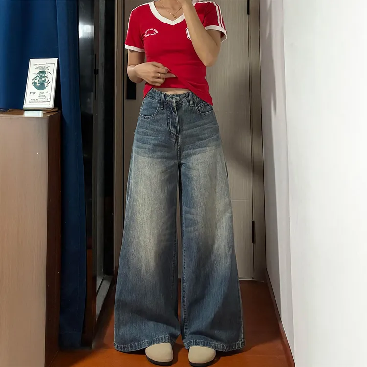 复古水洗阔腿牛仔裤女秋季新款胖妹妹mm高腰宽松显瘦垂感拖地裤子