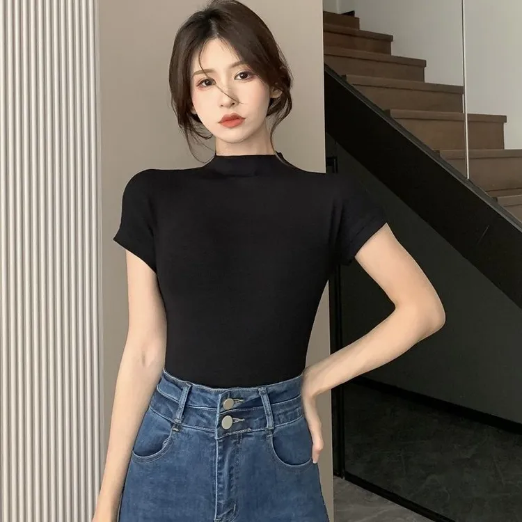 半高领纯色衣女2025国风短袖女款修身显瘦小个子内搭性感外穿T恤