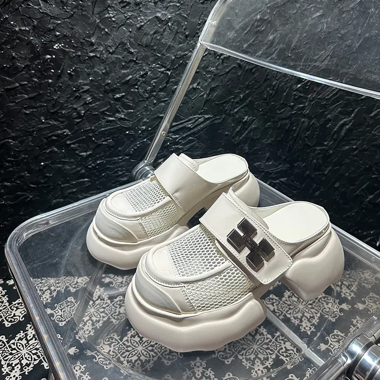 欧洲站2025新款真皮厚底透气网面半拖鞋女增高8CM外穿绝美凉拖鞋