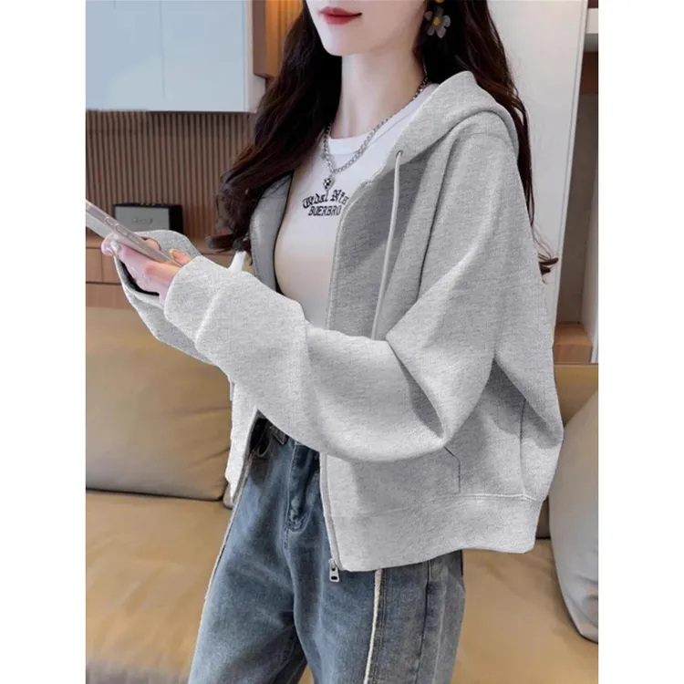 灰色短款外套女2025早秋季女士加绒宽松休闲拉链连帽开衫重磅卫衣