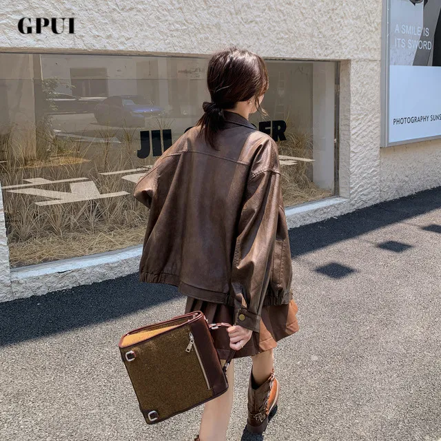 GPUI美式休闲秋冬棕色pu短款皮衣外套女韩版新款洋气气质时尚上衣