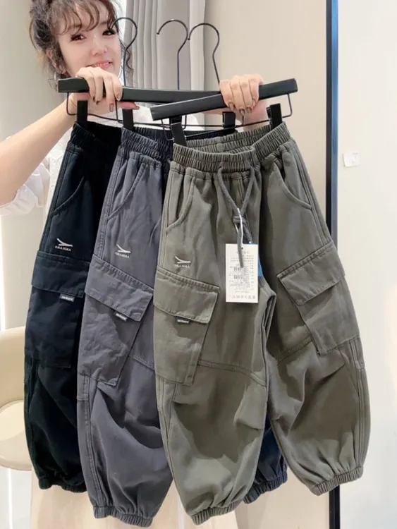 纯棉儿童一体绒工装裤2025冬季新品洋气韩版男女童加绒潮束脚长裤
