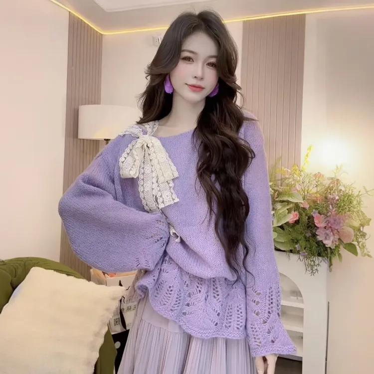 2025春秋新款甜美温柔风紫色蕾丝蝴蝶结系带毛衣宽松针织衫上衣