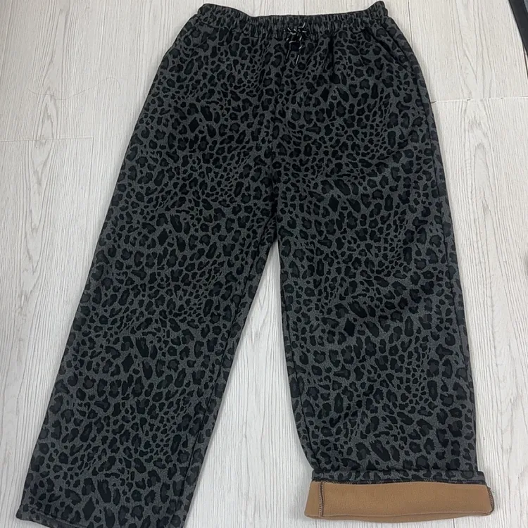 豹纹加绒休闲裤时尚冬季高腰松紧腰显瘦直筒阔腿裤