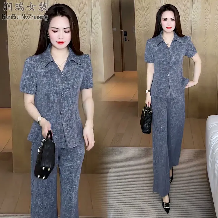2025夏季新款极简风时尚套装女气质减龄收腰短袖衬衫阔腿裤两件套