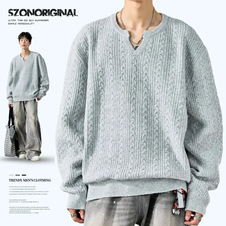 毛衣男款秋冬保暖针织麻花毛线衣美式痞帅慵懒风v领休闲男装上衣