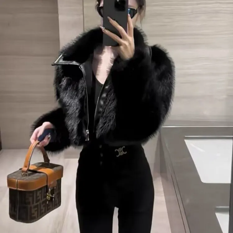 秋冬新款机车风辣妹甜酷短款时尚上衣女拼皮仿狐狸毛环保皮草外套