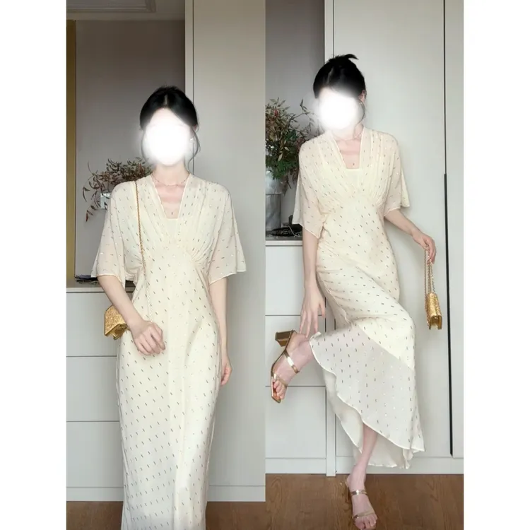 MARIE.COCO法式轻奢优雅气质V领波点连衣裙女温婉大方时尚长裙子