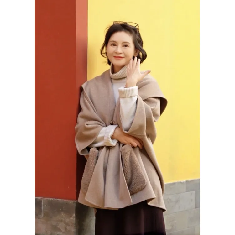 我是摩羯黑标 私服斗篷 意大利110支紫绒本色双面呢秋冬袖套大衣