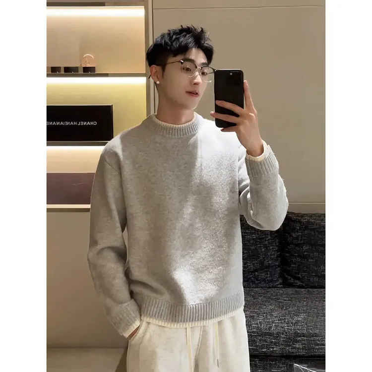 【不是假两件】浅灰色圆领毛衣男冬季加绒加厚内搭针织衫打底外套