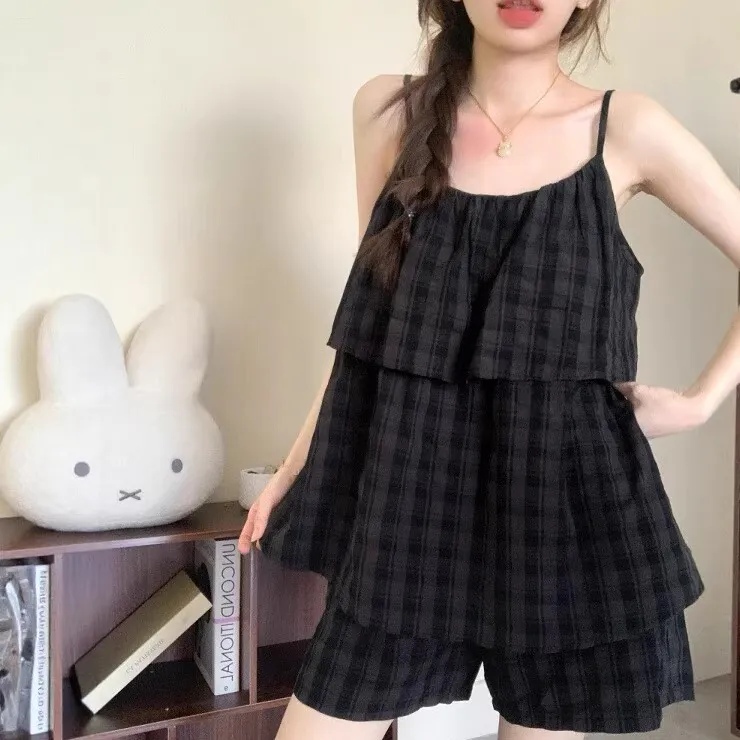 夏季格子睡衣吊带两件套女夏日可外穿休闲睡衣女款爆款2025新款