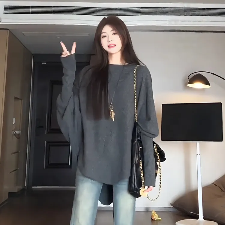 【9097】大码女装胖mmV领长袖针织衫秋季不规则设计感蝙蝠袖上衣