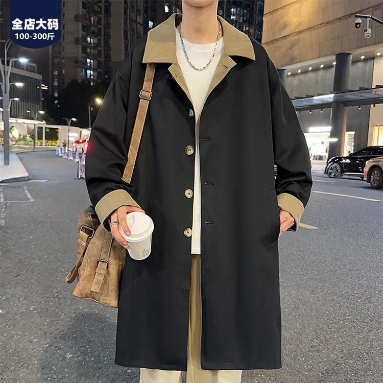 胖胖森大码男士中长款风衣外套春秋季宽松胖男生潮流港风帅气大衣