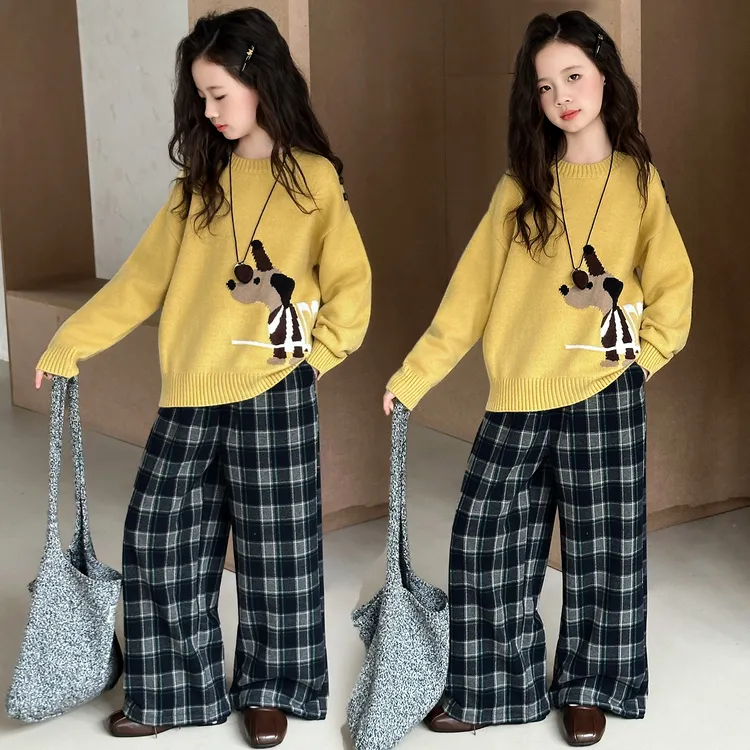 女童毛衣秋装套装2025新款中大童卡通小狗针织衫儿童格子裤两件套